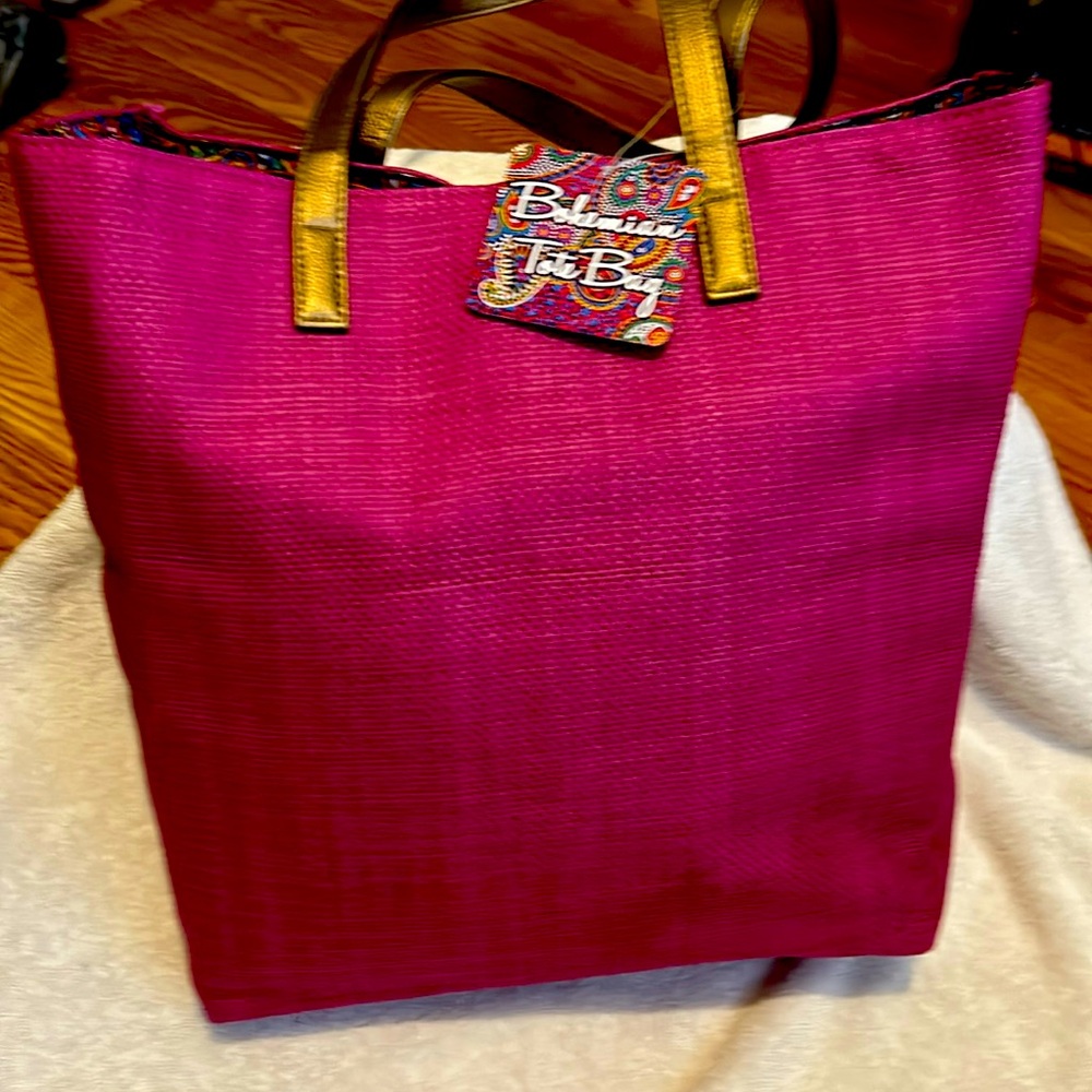 Bohemian tote bag, maroon color with gold straps
